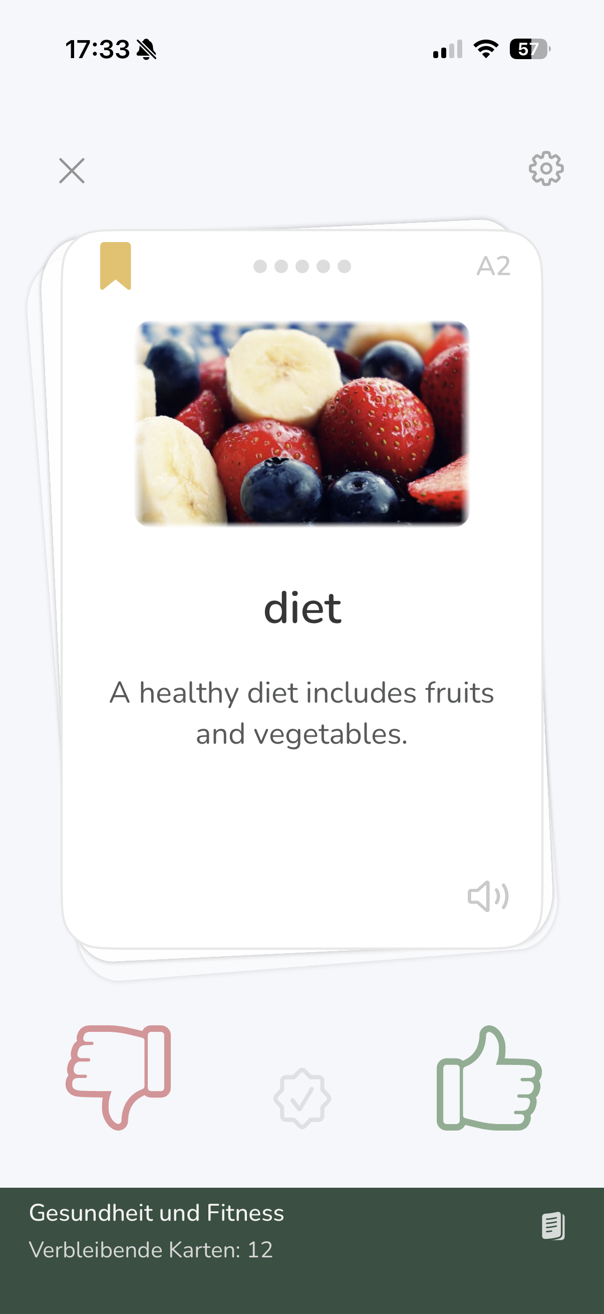 Vocabu Vokabeln lernen - Karteikarte mit drei Bewertungsoptionen