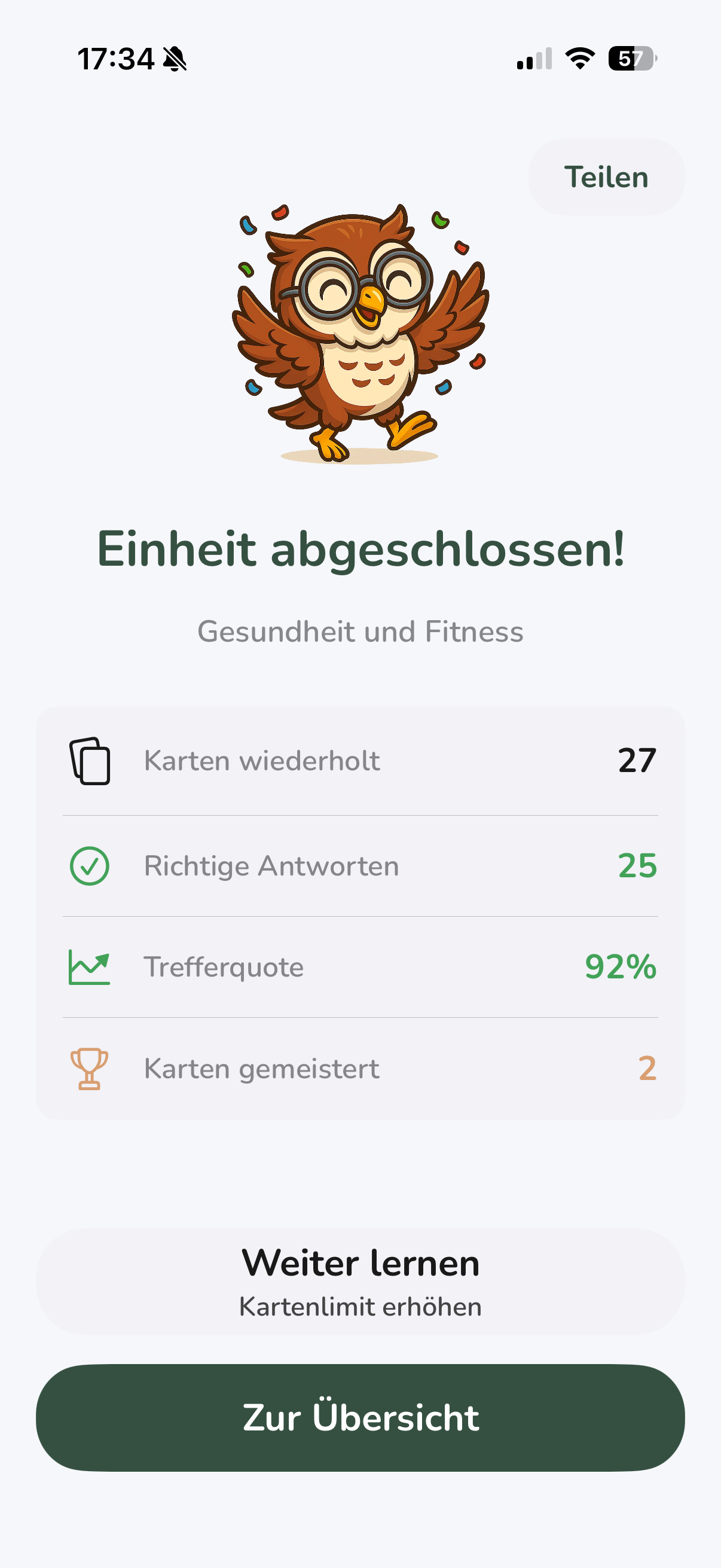 Vocabu Lernstatistik - Ergebnis nach abgeschlossener Vokabel-Session