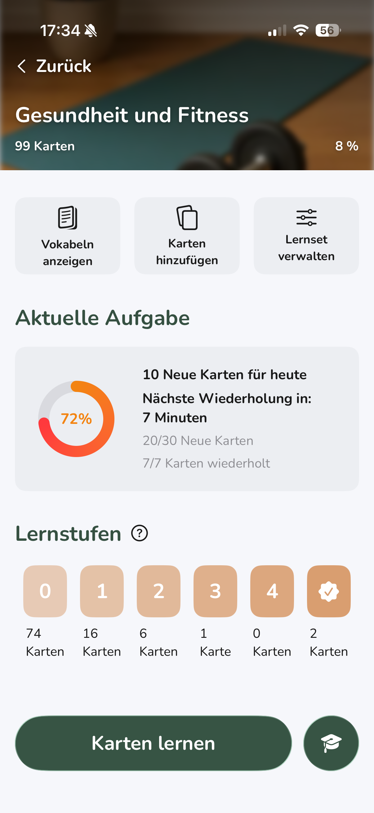 Vocabu Spaced Repetition System - fällige Karten und Lernstatistiken