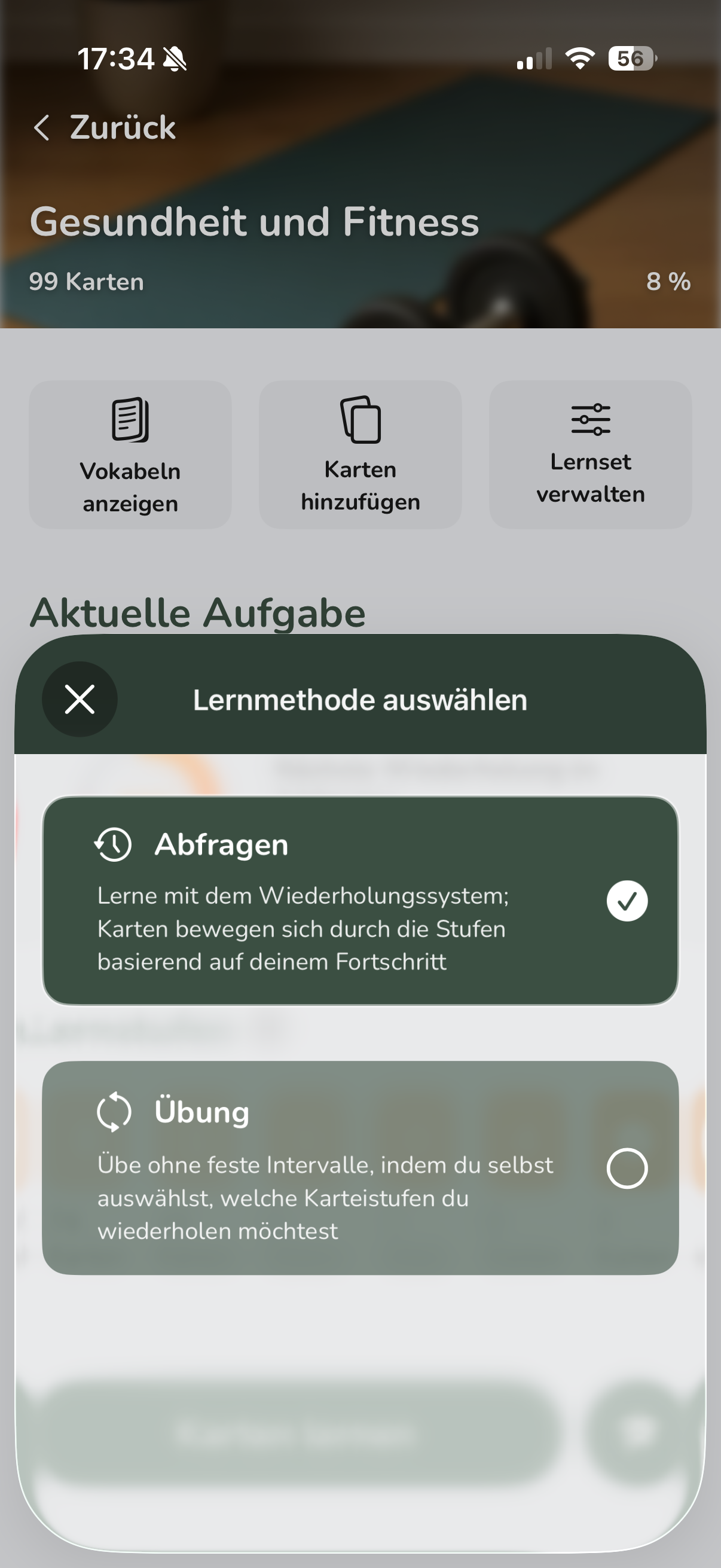 Vocabu Lernmodus wählen - Abfragemodus mit Spaced Repetition oder freies Üben