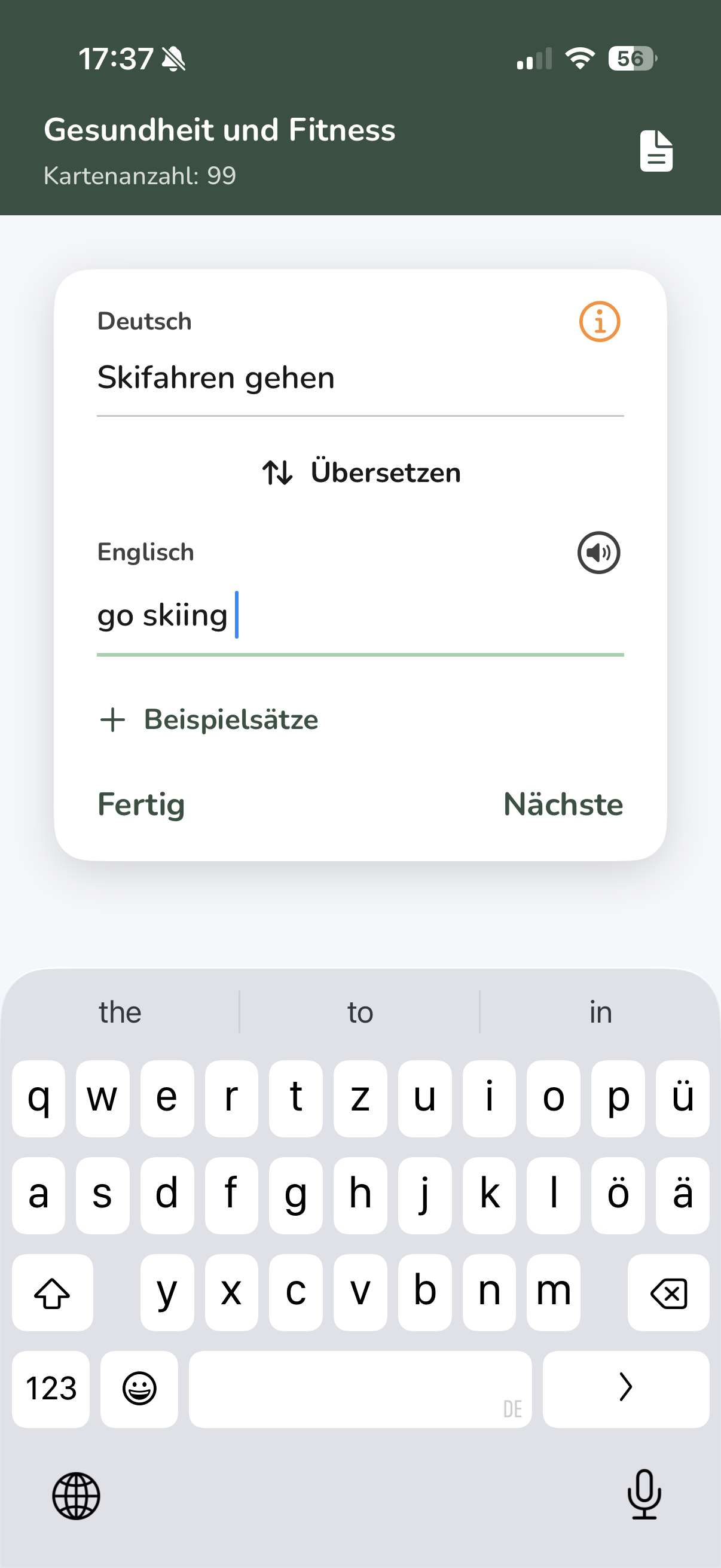 Vocabu Vokabelkarte erstellen - automatische Übersetzung und Beispielsätze