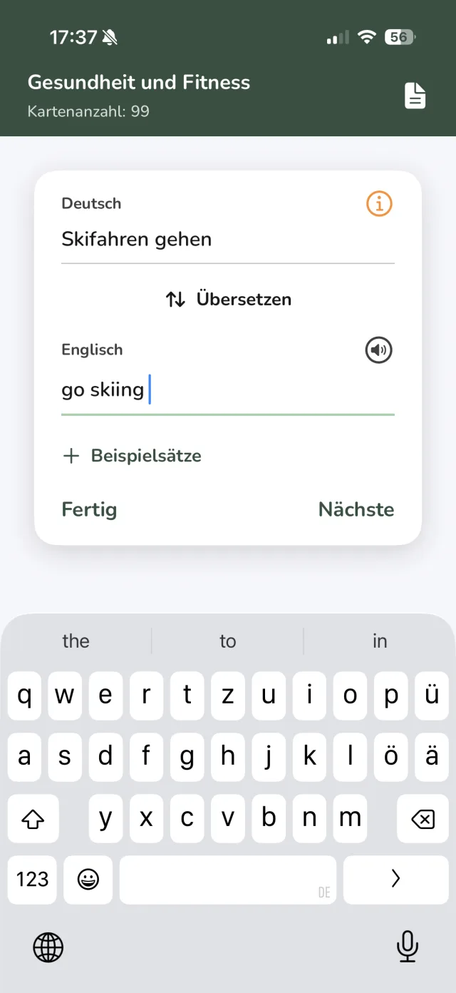 Создание карточки Vocabu – автоматический перевод и примеры