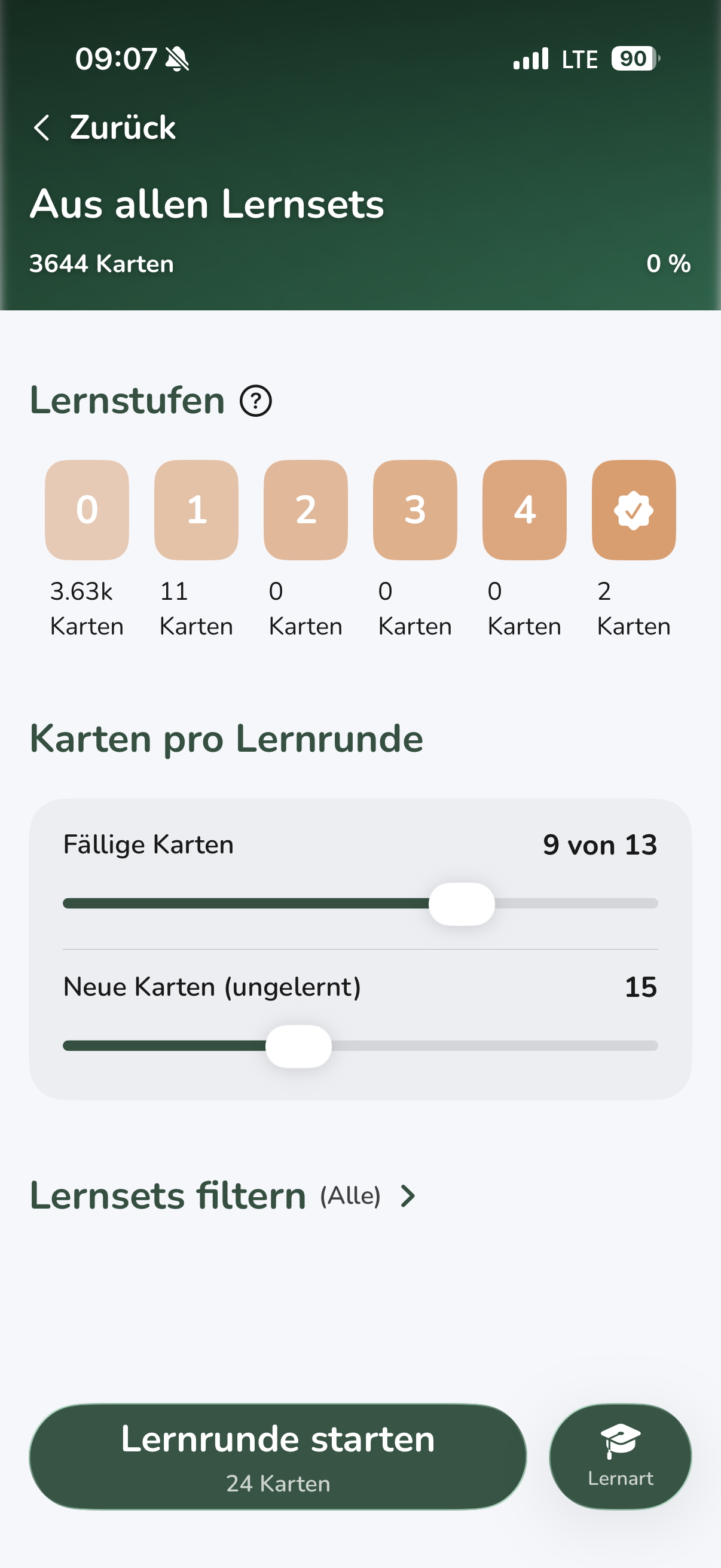 Vocabu Alle Lernsets Übersichtsscreen – Lernset-übergreifendes Lernen mit Schiebereglern