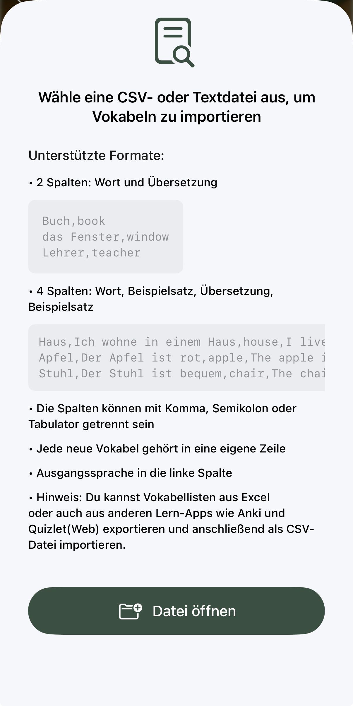 Vocabu Excel CSV Import – Vokabeln aus Datei importieren