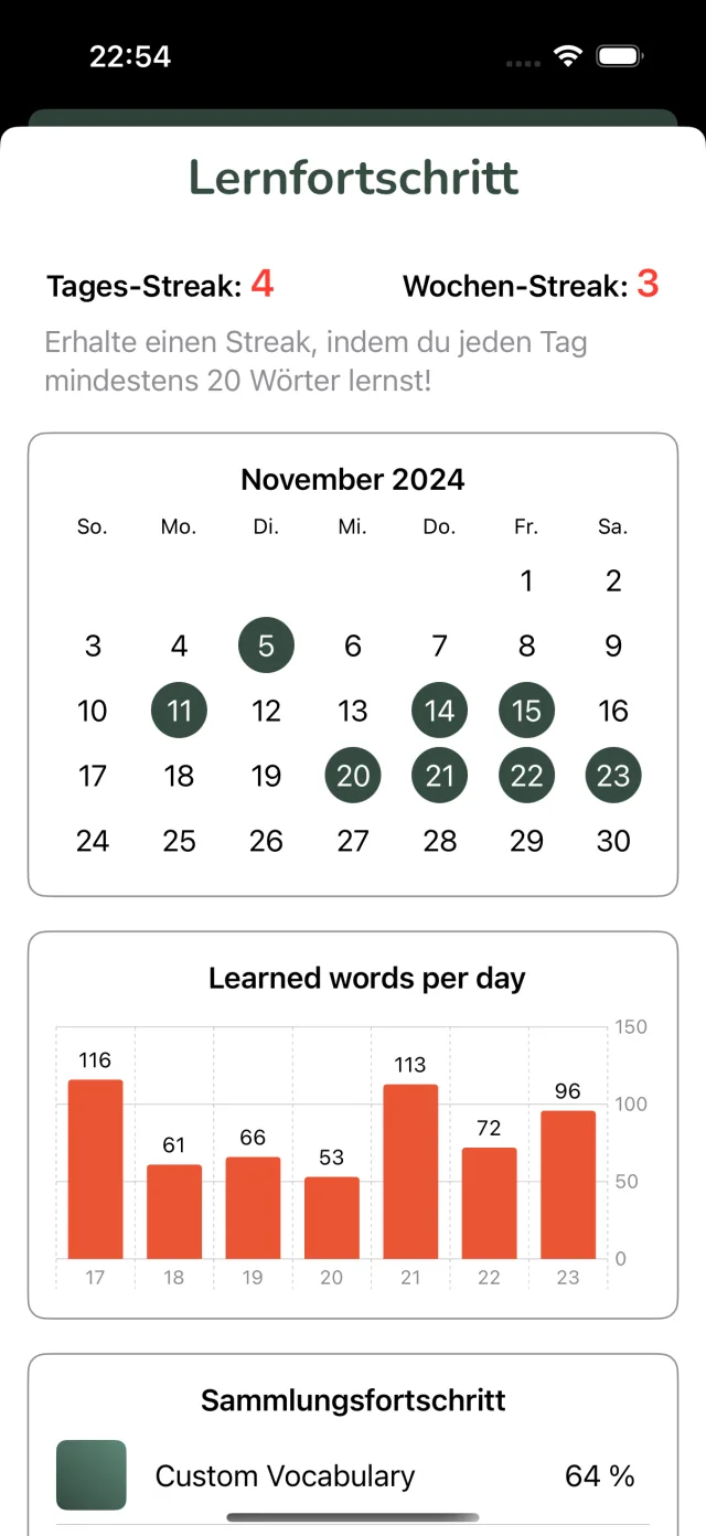 Vocabu – серия обучения, ежедневный прогресс и функция серии на льду