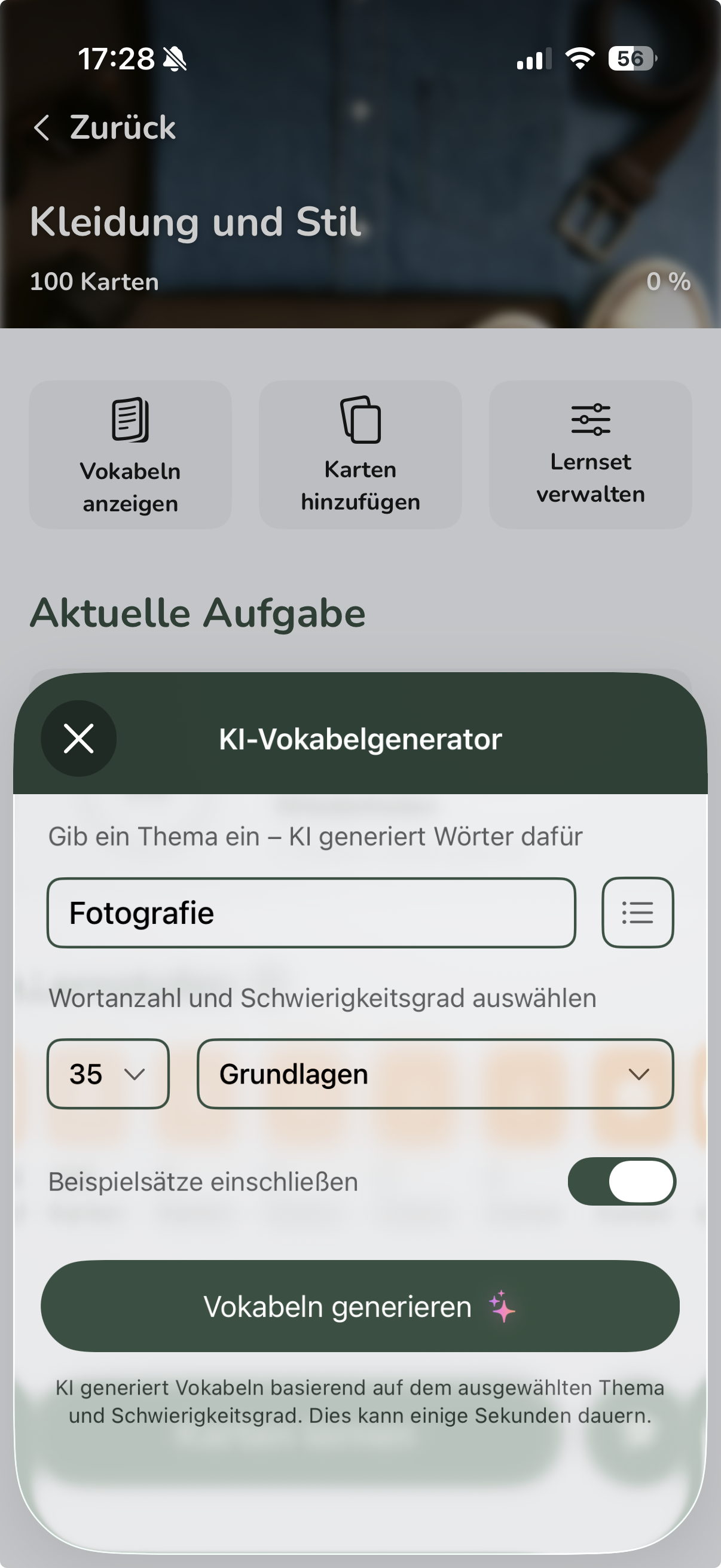 Vocabu KI Karten erstellen - Vokabeln automatisch zu einem Thema generieren