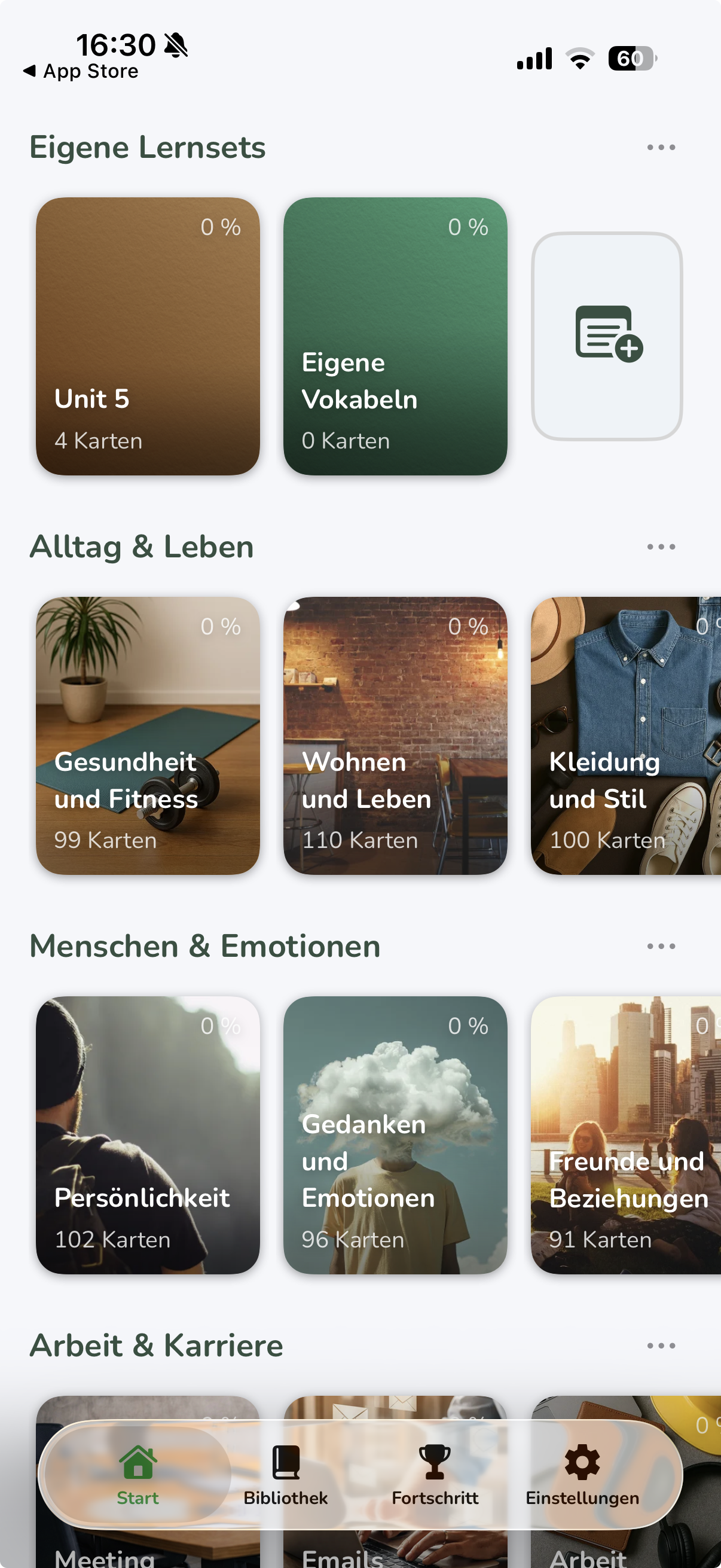 Vocabu App Startseite - Lernsets Übersicht und Vokabeltrainer auswählen