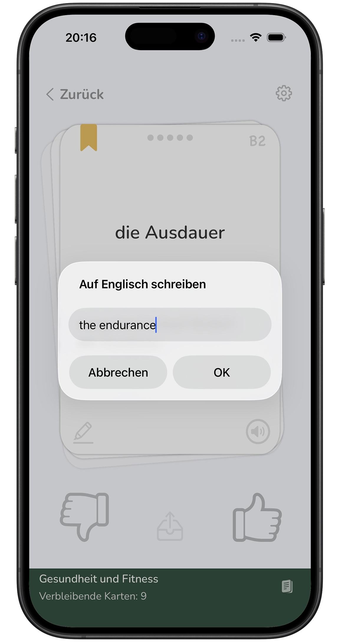 Vocabu Rechtschreibung üben – Wort in Fremdsprache tippen, Karte umdrehen und mit Swipe bewerten