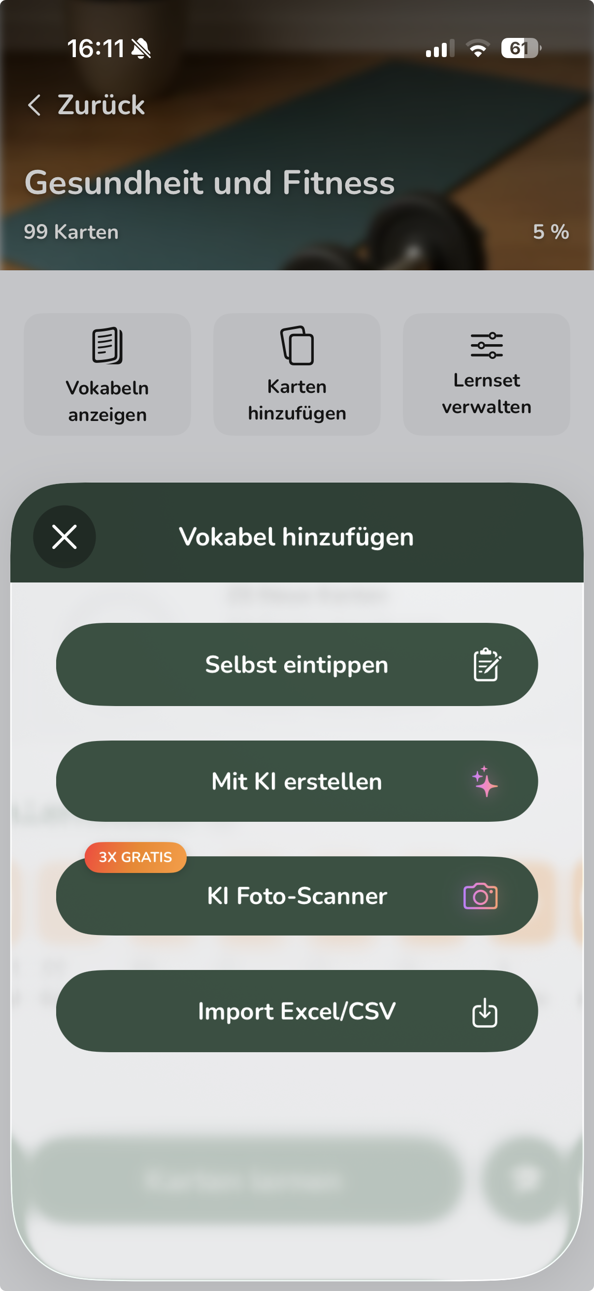 Vocabu Vokabeln hinzufügen - KI Scanner, manuell eingeben oder Excel Import
